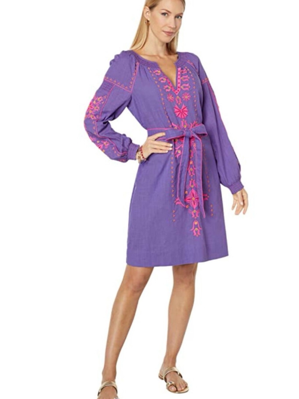 Lilly Pulitzer Purple Long-Sleeve Embroidered Tie-Waist Dress